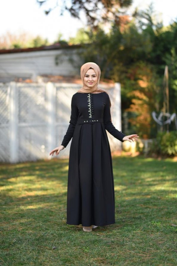 Brit Detay Pileli Tesettür Elbise Siyah - 4
