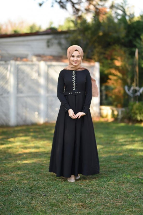 Brit Detay Pileli Tesettür Elbise Siyah - 5