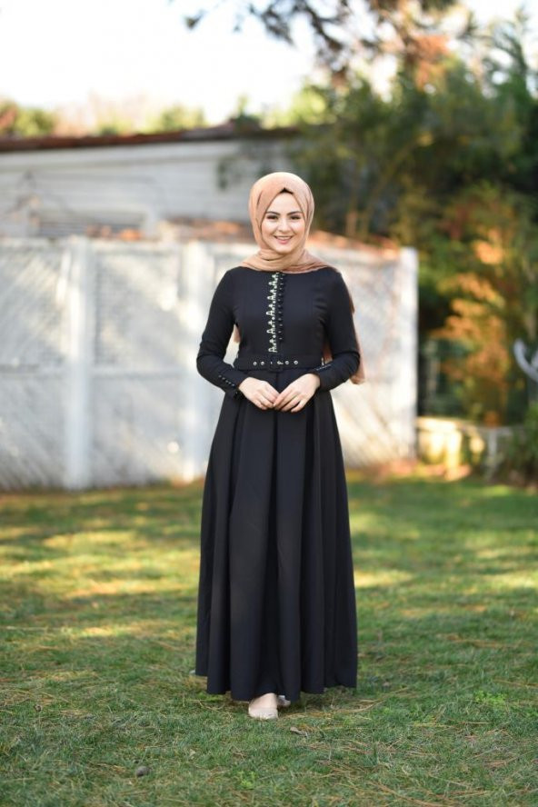 Brit Detay Pileli Tesettür Elbise Siyah - 6