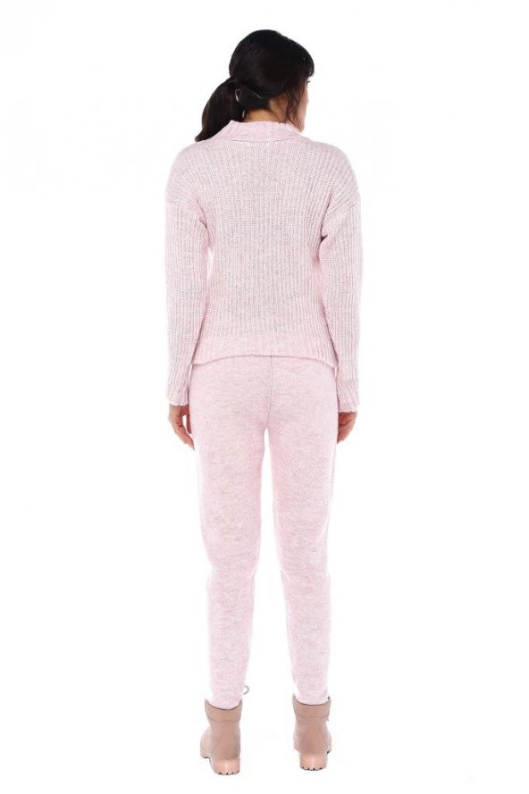 Balıkçı Yaka Düz Örgülü Alt Üst Pembe Triko Takım - 6