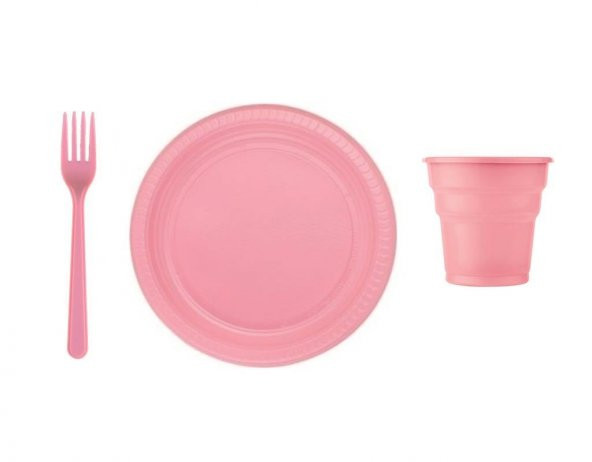 25 Kişilik Pembe Lüx Plastik Tabak, Bardak, Çatal Seti