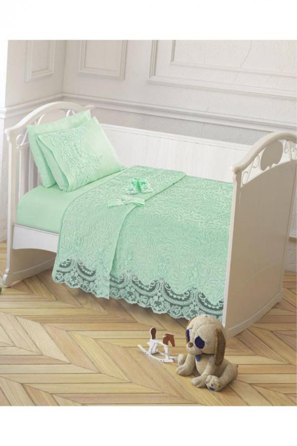 Fransız Güpürlü Bebek Battaniye Takımı Mint - 3