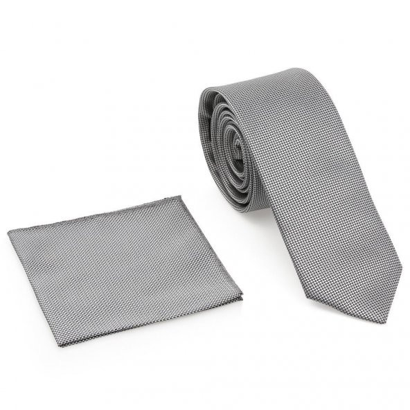 Gri Oxford Model Mendilli Slim Kravat-Brianze MKAS-9 - 2