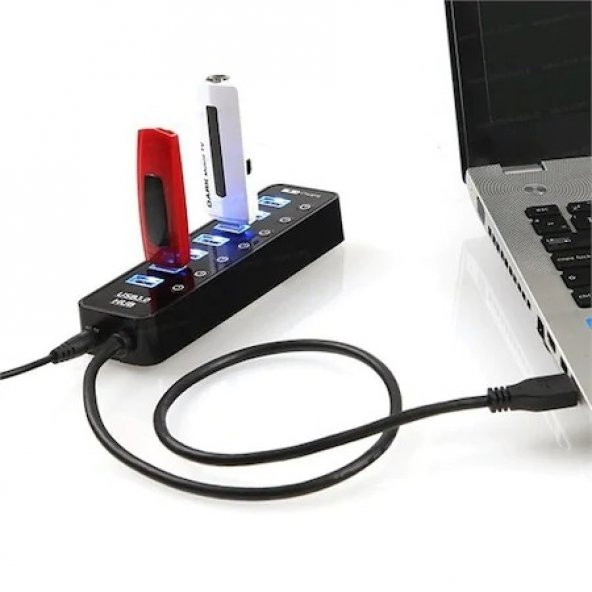 7 Port USB 3.0 Siyah USB Çoklayıcı Hub Anahtarlı Usb Uzatıcı