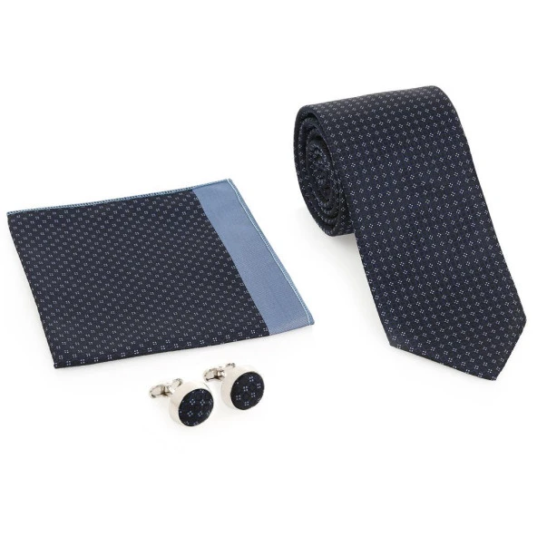 Lacivert Kravat Kol Düğmesi Hediyelik Set-Brianze KMK-16 - 1