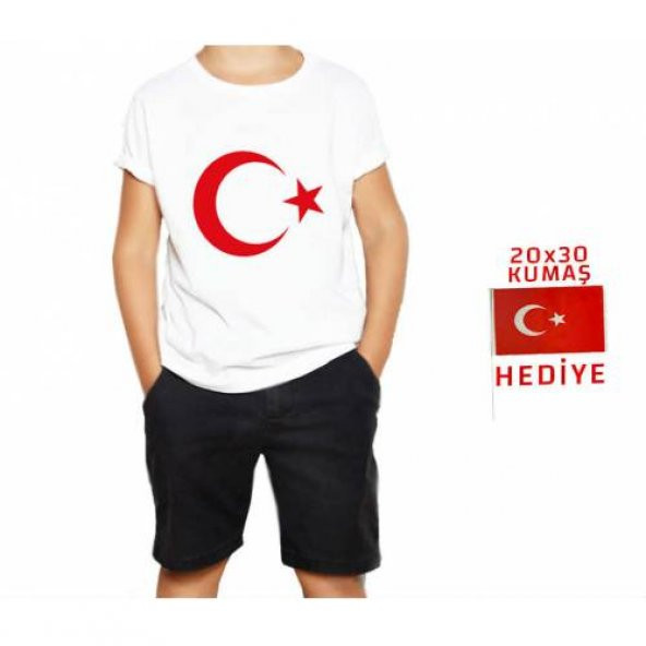 23 Nisan Ayyıldız Baskılı Çocuk Erkek Kız T-Shirt - Ünisex Çocuk Tişörtü Türk Bağraklı Beyaz Tshirt