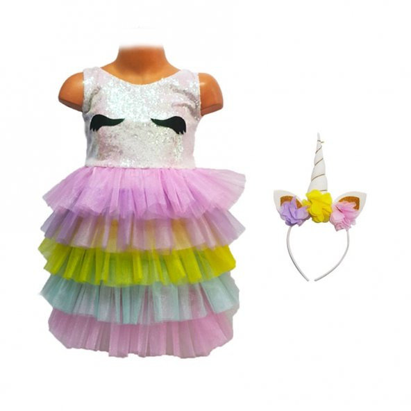 Unicorn Kız Çocuk Taç ve Rainbow Elbise