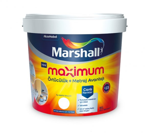 15 lt Marshall Maximum Silikonlu Silinebilir İç Cephe Boyası Tüm Renkler
