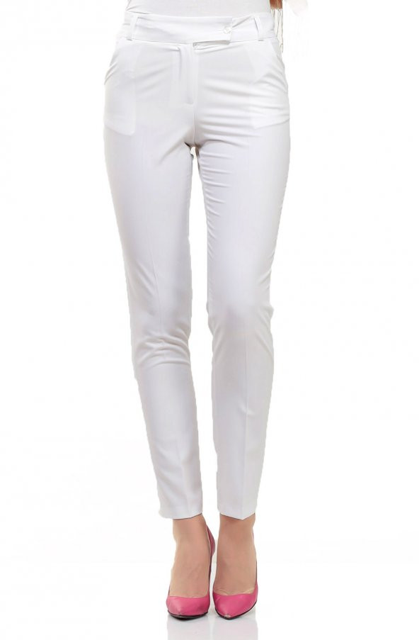 BAYAN PANTOLON KLASİK DAR PAÇA SORALLİNE,1673,BEYAZ - 2