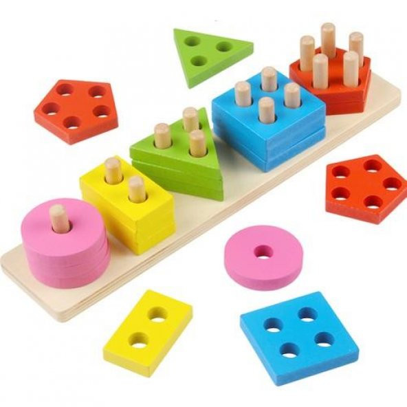 Woodylife Beşli Geometrik Şekiller Geçirme Eğitici Montessori Oyuncak