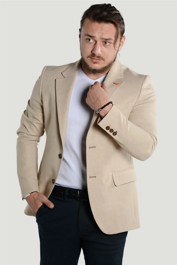Erkek Slim Fit Blazer Ceket 9K-40112-048 Taş Rengi
