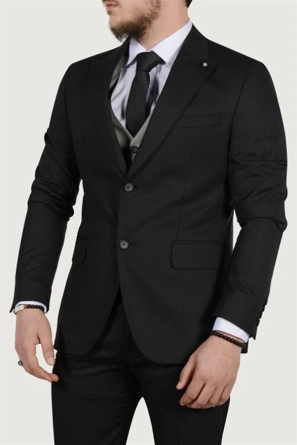 Erkek Yelekli Çizgi Desenli Takım Elbise 9K-40661-002 Siyah