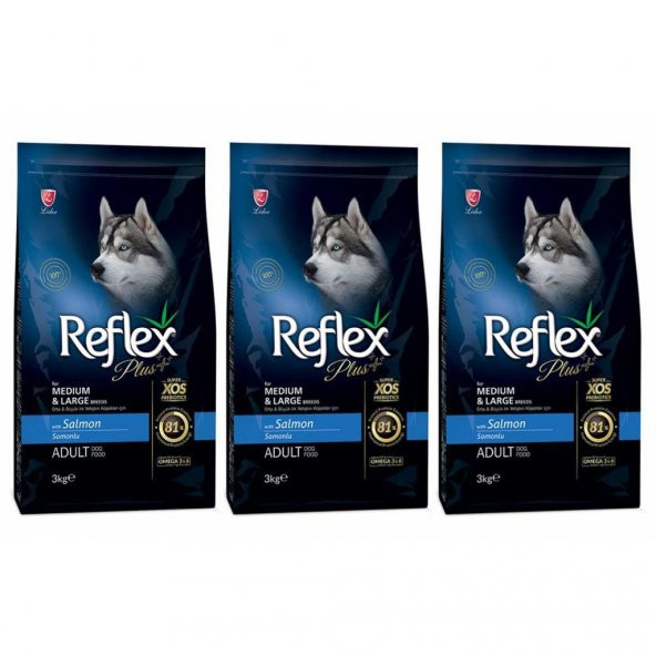 Reflex Plus Orta Büyük Irk Somonlu Yetişkin Köpek Maması 3 Kg 3Lü Set