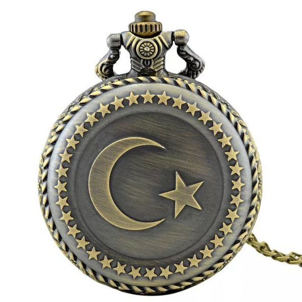 Köstekli Cep Saati Ouartz Ayyıldız Türk Bayrağı Tasarımlı Zincirl