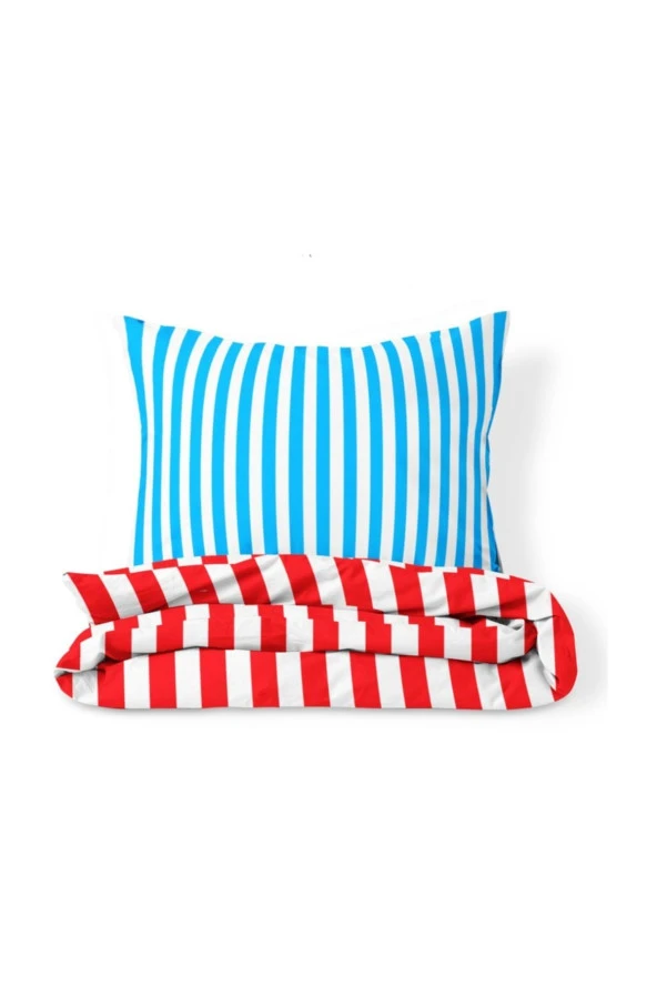 Back To Basics - Mavi Kırmızı Çizgili Çift Kişilik Nevresim Takımı - Resim 2