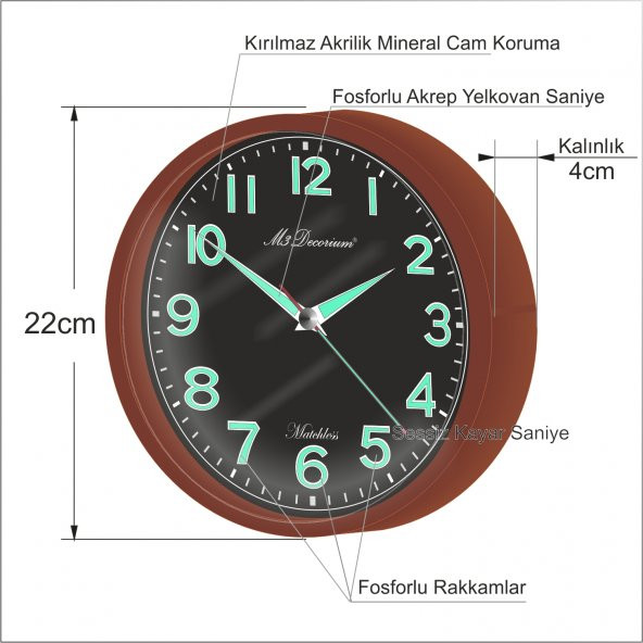 Kahverengi Çerçeveli Ön Camlı Gece Karanlıkta Görünen Parlak Fosforlu Sessiz Saniyeli Duvar Saati - Resim 2