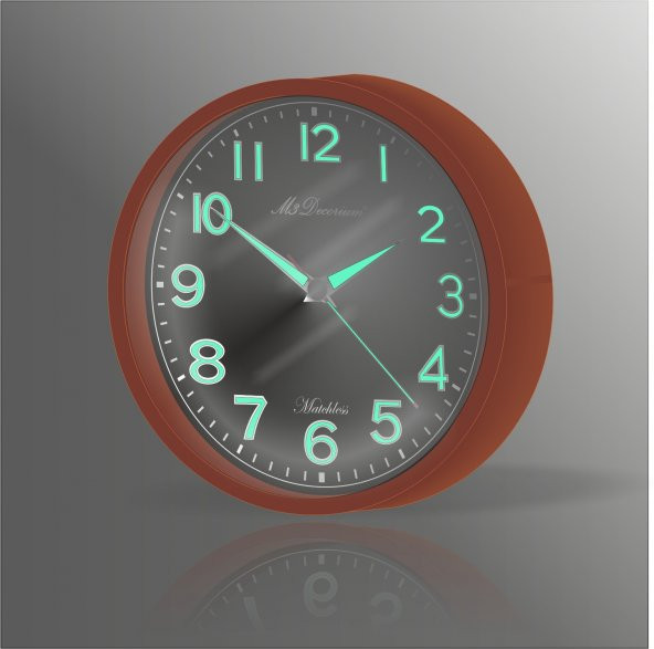 Kahverengi Çerçeveli Ön Camlı Gece Karanlıkta Görünen Parlak Fosforlu Sessiz Saniyeli Duvar Saati - Resim 3