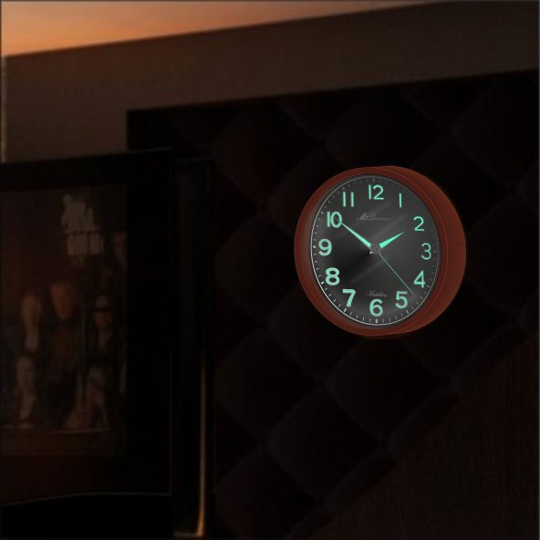 Kahverengi Çerçeveli Ön Camlı Gece Karanlıkta Görünen Parlak Fosforlu Sessiz Saniyeli Duvar Saati - Resim 4