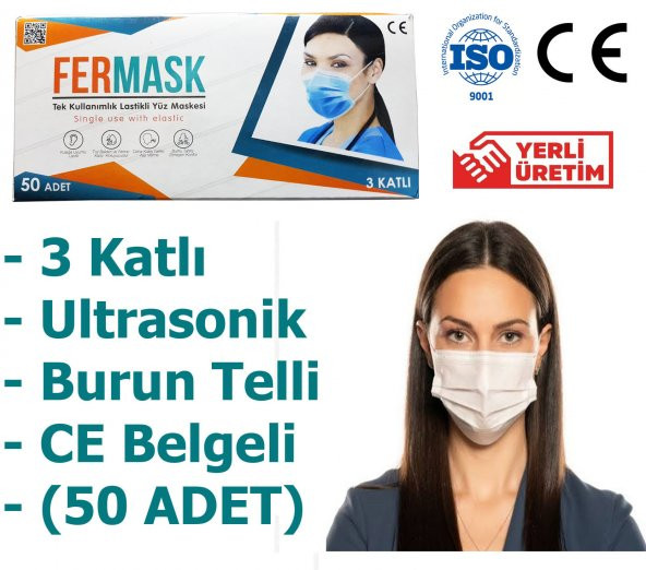 FERMASK 50 Adet 3 Katlı Burun Telli Ultrasonik Cerrahi Maske
