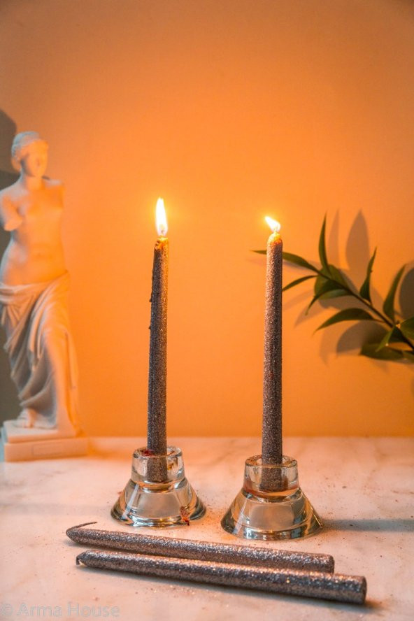 Küçük Boy Gümüş Simli 4lü Mum Seti 21 cm ürün görseli