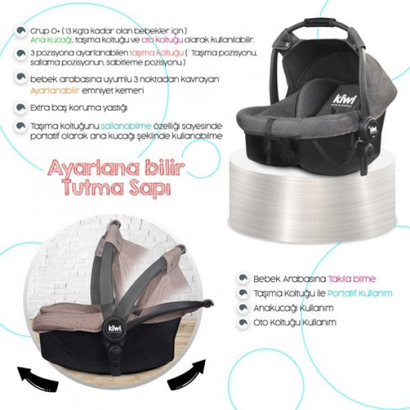Kiwi City Way 5 in 1 Bebek Arabasi Taşıma Koltuğu Bakım Çantası Yağmurluk - 8