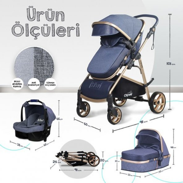 Kiwi City Way 5 in 1 Bebek Arabasi Taşıma Koltuğu Bakım Çantası Yağmurluk - 11