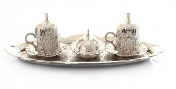 Lale Motifli 2lı Osmanlı Türk Kahve Seti,Kapaklı,Oval Tepsili Metal Damat Kahve Takımı
