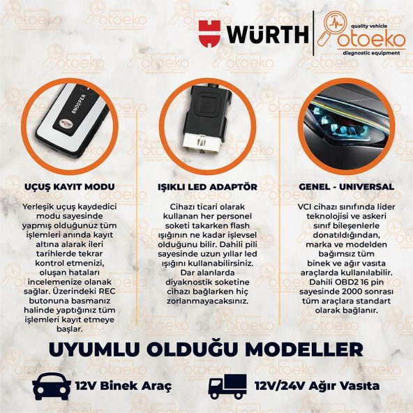 Würth Türkçe Araç Arıza Tespit Cihazı Bluetooth Wow Snooper - Ağır Vasıta Kablo Seti - 2