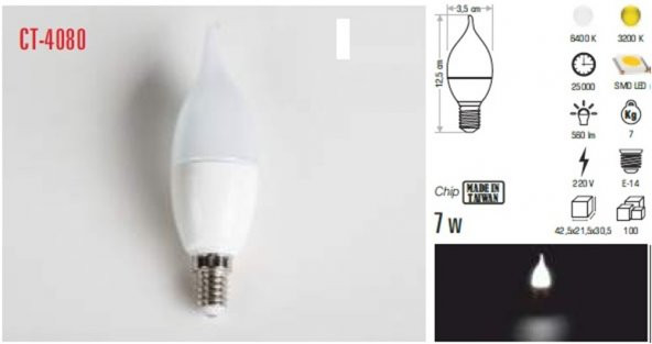 CT 4080 Cata 7 W Buji Led Ampul Beyaz Işık 6400k E14 Duy - 3