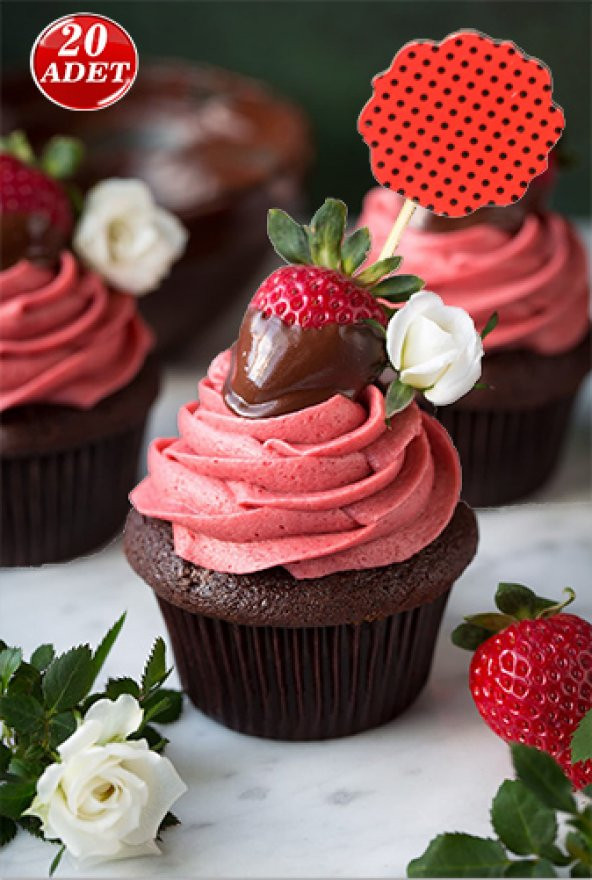 Kırmızı Siyah Puantiyeli Cupcake Sunum Kürdanı 20 Adet - 2