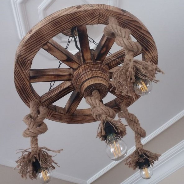 Otantik Çarşı Ahşap Halatlı Teker Avize 50 cm. 4lü - 2