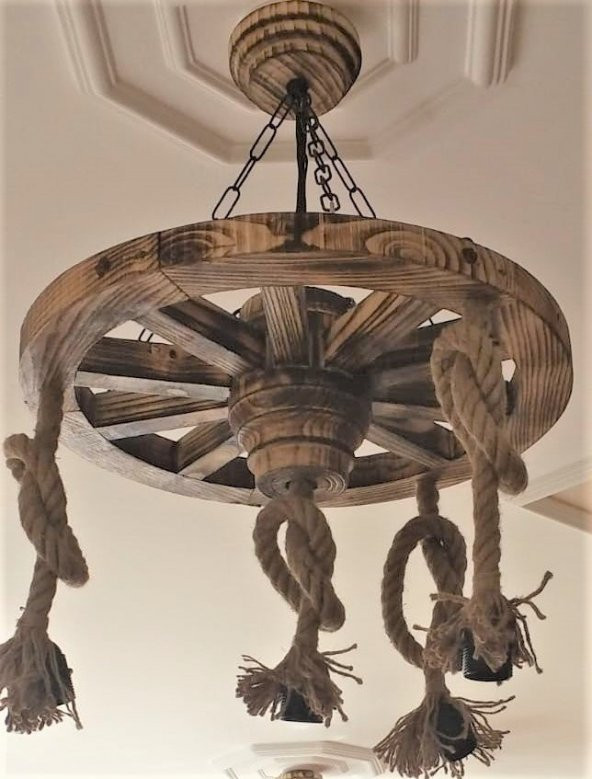 Otantik Çarşı Ahşap Halatlı Teker Avize 50 cm. 4lü - 3