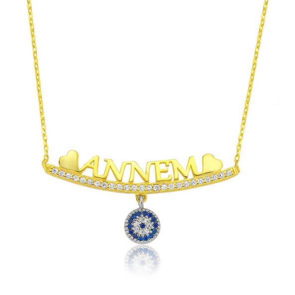 Gümüş Annem Yazılı Nazar Bayan Kolye