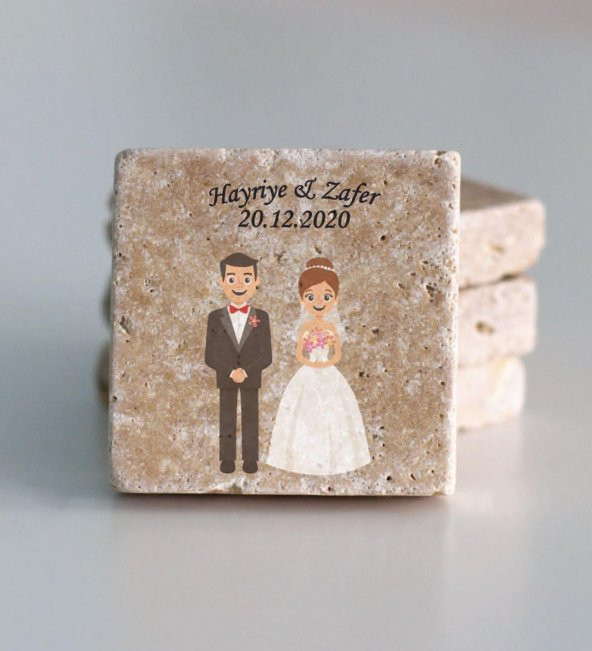 Kişiye Özel Doğal Taş İsimli Ve Tarihli Nikah Şekeri Magnet 5x5cm 30 Adet - 2