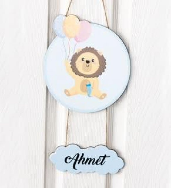 İsme Özel Bebek Odası Ahşap Kapı Süsü - Aslan Bebek