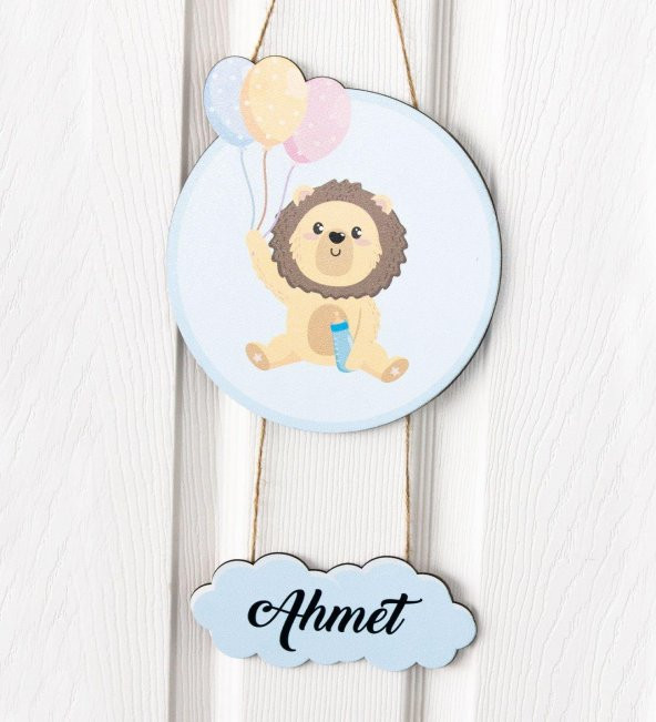 İsme Özel Bebek Odası Ahşap Kapı Süsü - Aslan Bebek - Resim 2