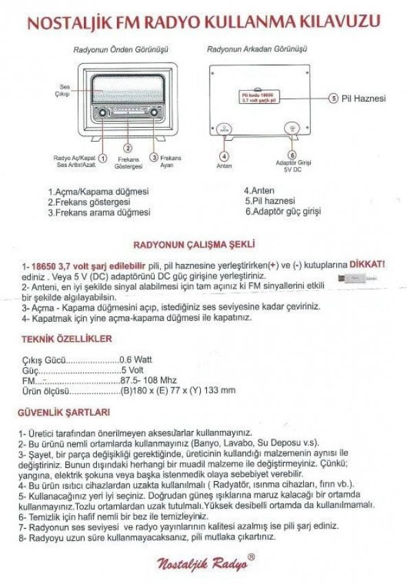 Nostaljik  Radyo Şarjlı Pil+Adaptörlü Beyoğlu Model