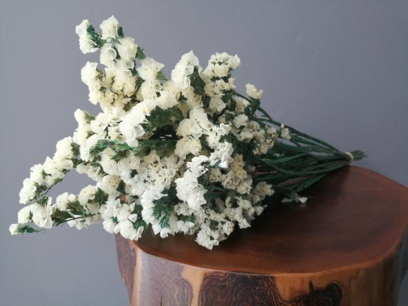 Yeşil Dallı Beyaz Şoklanmış Statis Kuru Çiçek Demeti (Dökülme Yapmaz)