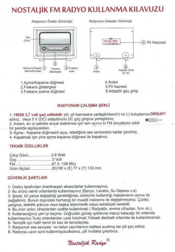 Nostaljik Radyo Şarjlı Pil+Adaptörlü  Beyoğlu Model Kırmızı Renk