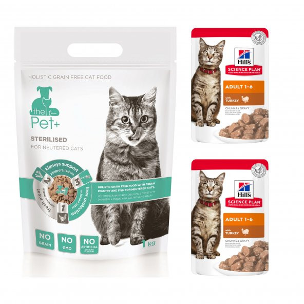 thePet+  Tahılsız Kısır Kedi Maması 1 kg - 2x Hills Hindili Pouch Hediyeli