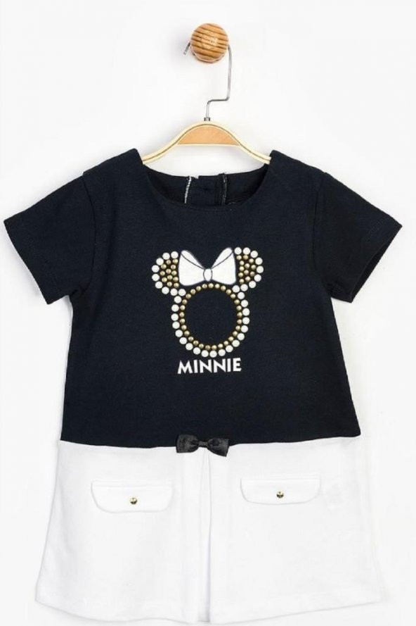 Kız Çocuk Siyah Beyaz  Minnie Mouse & Taş Baskılı Elbise 15513