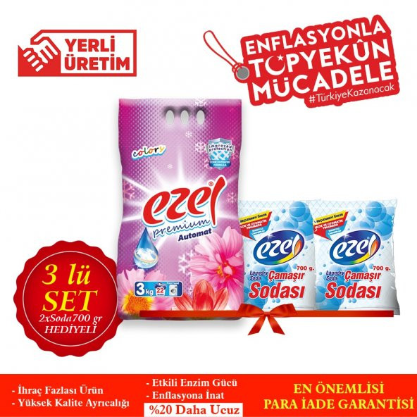 Ezel Premium Beyazlar Ve Renkliler 9 KG Deterjan 4 Adet soda hediyeli artı 6 lı soda paketi - 2