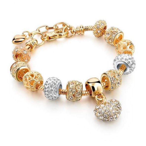 Taşlı Kalp Figürlü Charm 20cm Bayan Bileklik-Gold