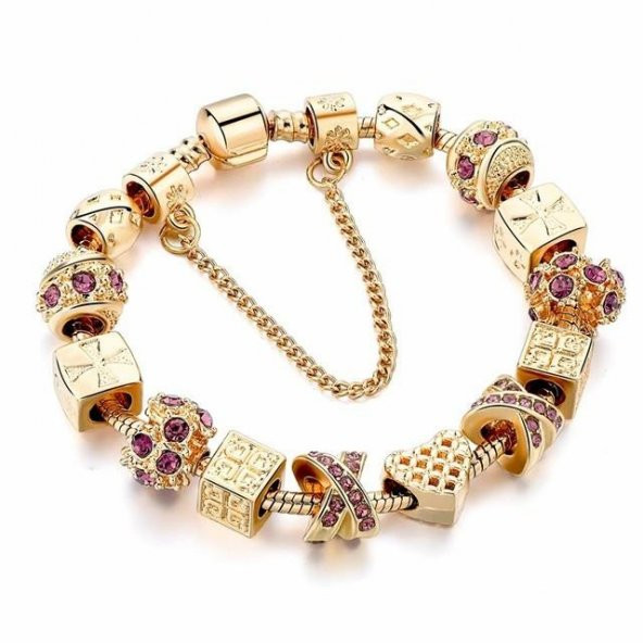 Pandora Model Kalp Figürlü Taşlı Charm 20Cm Bayan Bileklik-Gold