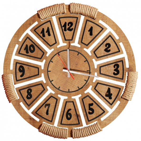 Ahşap Şehri Safir Kabartmalı Hasır İşlemeli Ahşap Saat 45 Cm - 2
