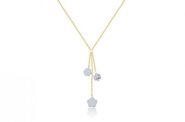 Diamond Line-Gülaylar - Sarı Beyaz Altın 14 Ayar Çiçek Kolye