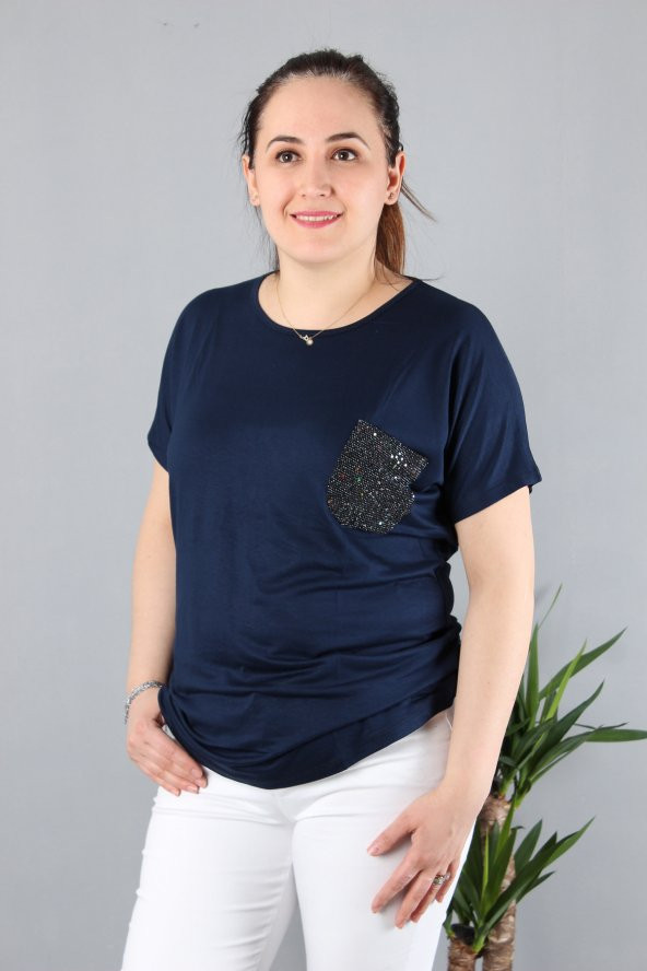 Günay Kadın Bluz Etkm9074-1 O Yaka Taş Cep Düşük Kol Penye-LACİVERT - 3