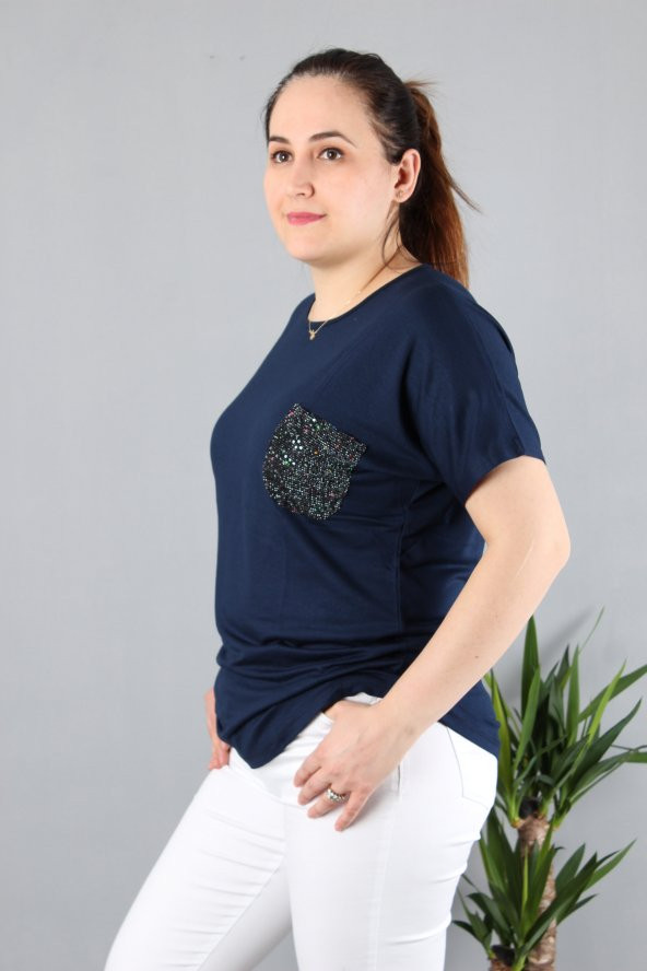Günay Kadın Bluz Etkm9074-1 O Yaka Taş Cep Düşük Kol Penye-LACİVERT - 4