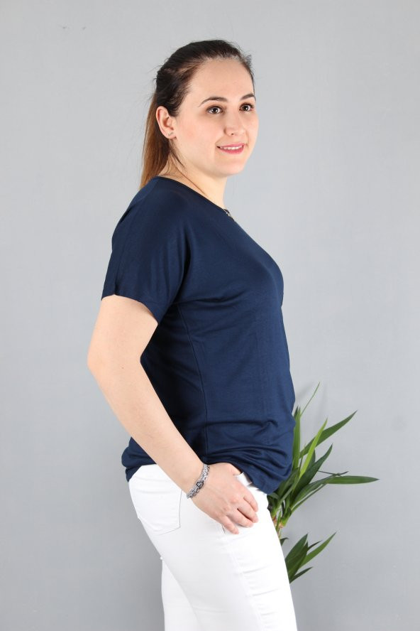 Günay Kadın Bluz Etkm9074-1 O Yaka Taş Cep Düşük Kol Penye-LACİVERT - 5