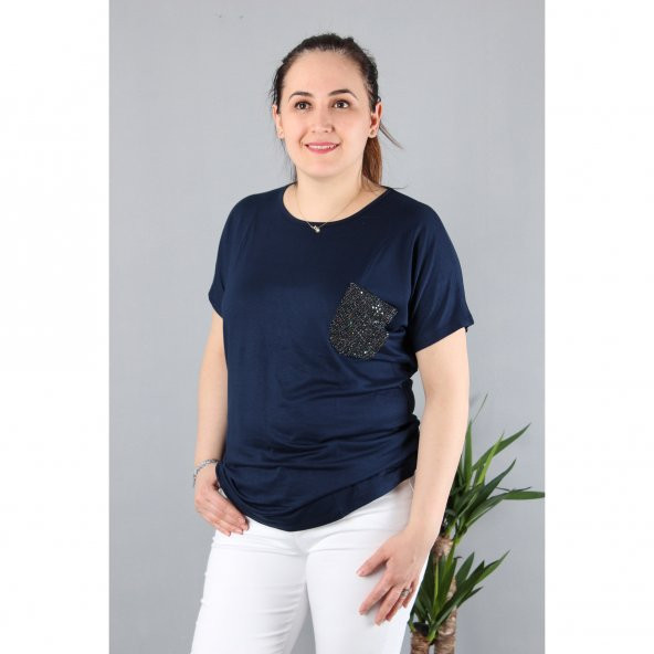 Günay Kadın Bluz Etkm9074-1 O Yaka Taş Cep Düşük Kol Penye-LACİVERT - 8